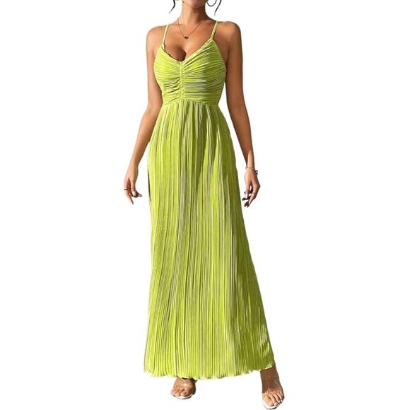 Shein Lime Green Satin Long Flowy Strappy Maxi Dress Medium - Picture 1 of 13